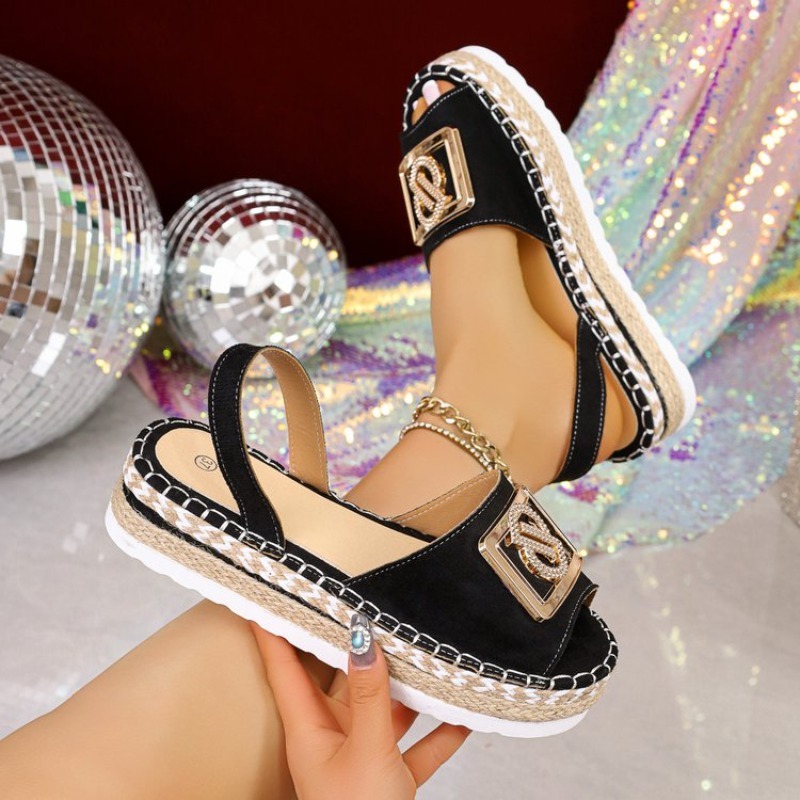 Espadrille Slip On - รองเท้าส้นเตารีดแบบสวมสำหรับผู้หญิง ประดับคริสตัล หัวเข็มขัดโลหะ เปิดนิ้วเท้า สายรัดส้น เหมาะสำหรับฤดูร้อน
