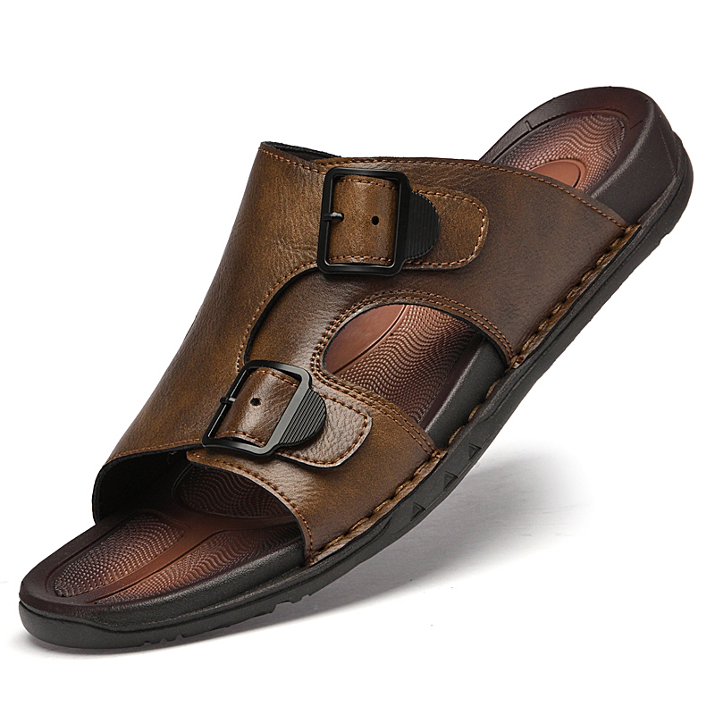 Flip Flop Leather Men - ฤดูร้อนบุรุษรองเท้าแตะหนังผู้ชายปรับสไลด์รองเท้าแตะลําลองสีน้ําตาลสีดําสบาย