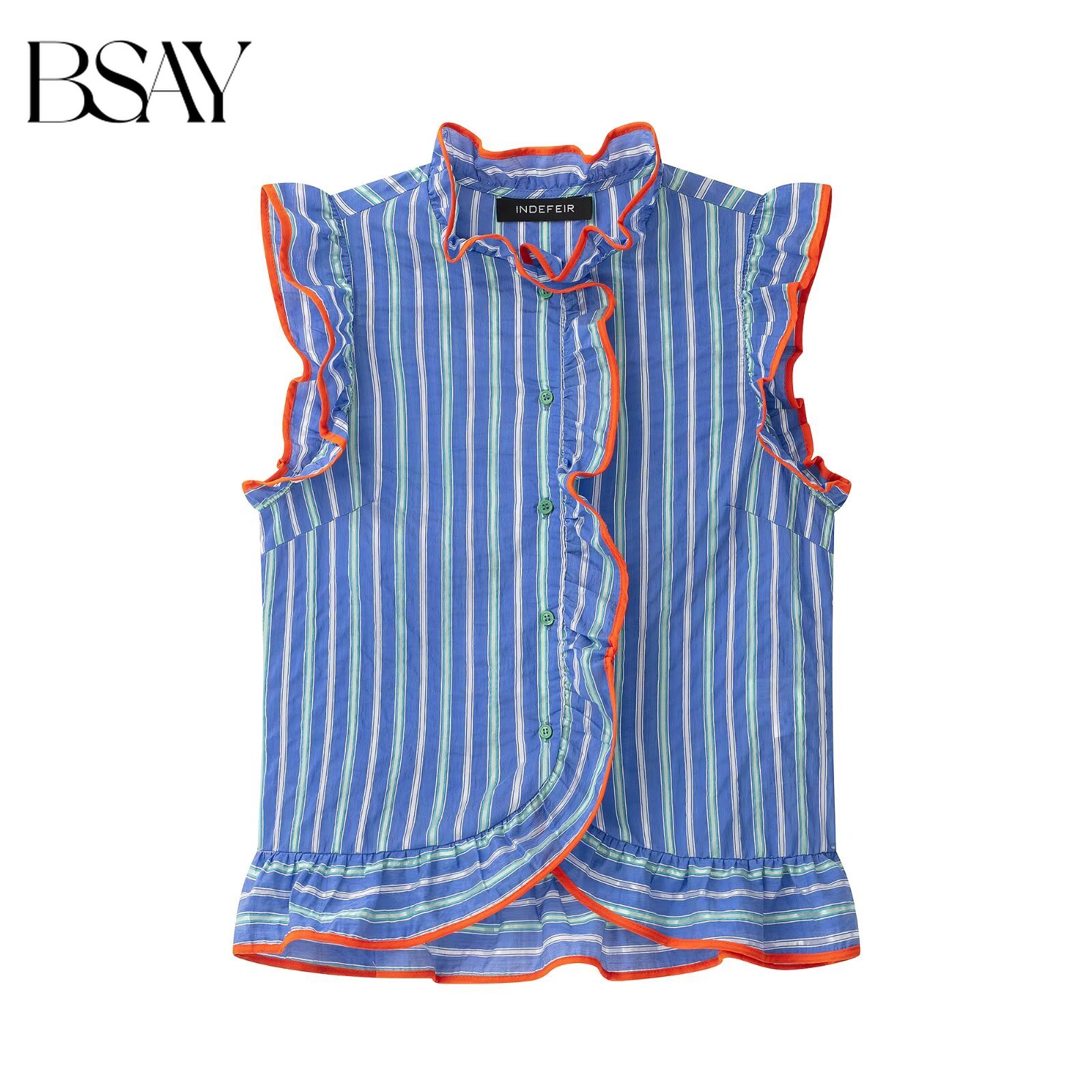 Shirt Camp Collar - BSAY เสื้อแขนกุดลายทางสีสันสดใสสำหรับผู้หญิง เสื้อเชิ้ตคอปกแต่งระบาย ขอบเสื้อแต่งระบาย กระดุมด้านหน้า เสื้อกล้ามลำลองสำหรับฤดูร้อน