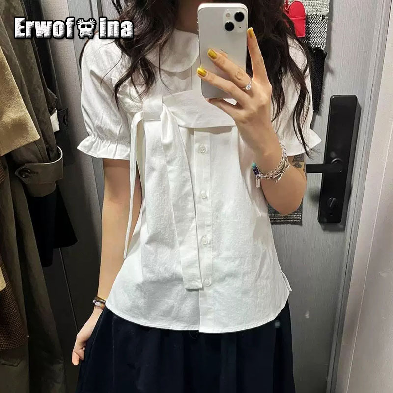 Shirt Camp Collar - เอรอฟอยนา ปีเตอร์ แพน คอลลาร์สไตล์พรีปปี้เสื้อเชิ้ตผู้หญิงสีขาวโบว์แขนสั้นเสื้อฤดูร้อนสไตล์เกาหลีเสื้อผ้าผู้หญิงเสื้อ