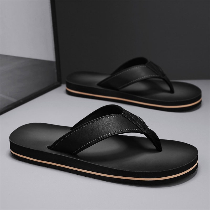 Flip Flop Leather Men - รองเท้าแตะหนังเทียมสไตล์วินเทจสำหรับผู้ชาย สายรัดเย็บติดกันหลายชั้น พื้นรองเท้าแบบแบน รองเท้าแตะลำลองสำหรับชายหาด