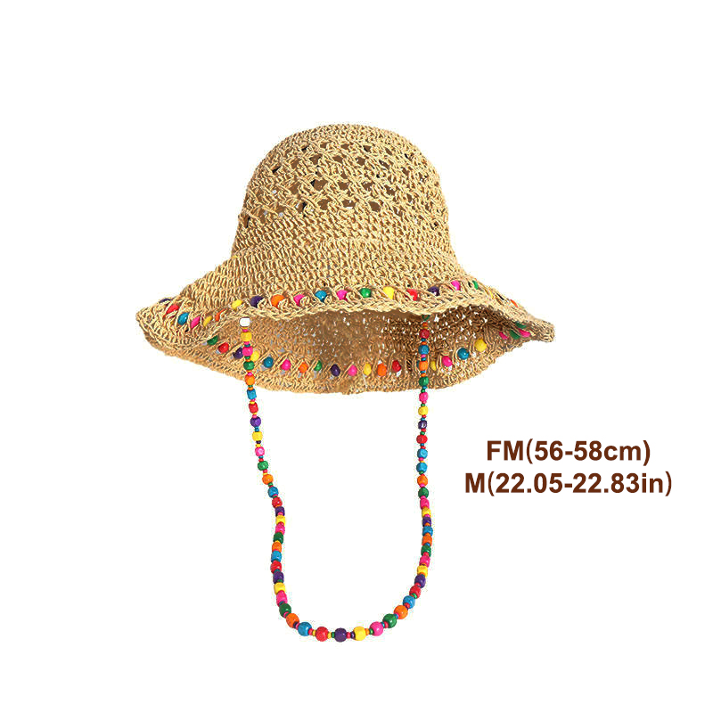 Bucket Hat Straw - หมวกสานปีกกว้างทรงเรโทรอเนกประสงค์ พับได้ ประดับลูกปัดหลากสีสไตล์โบฮีเมียน เหมาะสำหรับฤดูร้อน ชายหาด ท่องเที่ยว