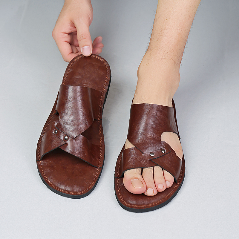 Flip Flop Leather Men - รองเท้าแตะหนังทำมือสำหรับผู้ชาย รองเท้าเดินชายหาดฤดูร้อน สวมใส่สบาย น้ำหนักเบา รองเท้าลำลองแบบสวม รองเท้าฟลิปฟลอปสำหรับกิจกรรมกลางแจ้ง