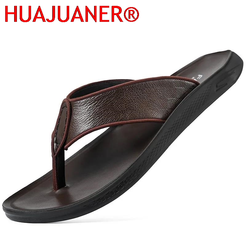 Flip Flop Leather Men - รองเท้าแตะลำลองผู้ชายสำหรับใส่กลางแจ้ง ฤดูร้อน กันลื่น หนังแท้ รุ่นใหม่ทันสมัย หนังวัวชั้นบนสุด