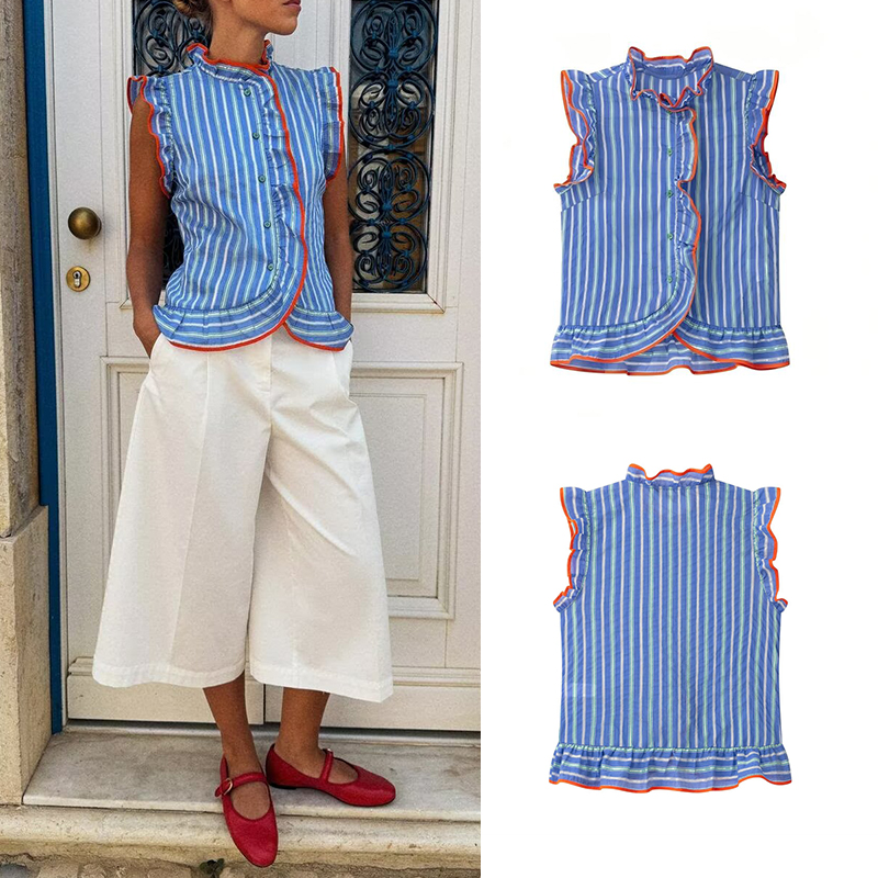 เสื้อผู้หญิงสีน้ำเงินลายทางแนว - Shirt Camp Collar บทวิจารณ์และราคา
